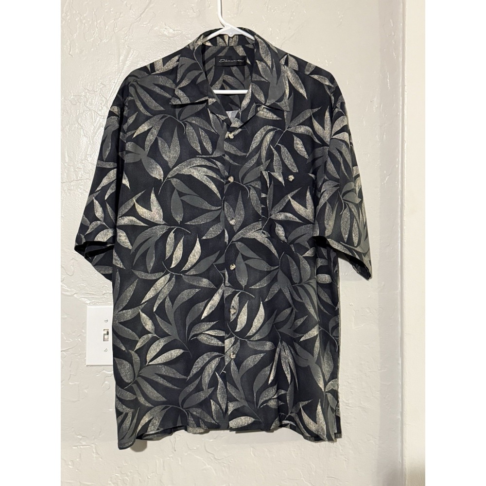 Vtg Damante Men MedBlack Rayon 90s Shirt Sexy Slinky Dance Club Botanical Fronds